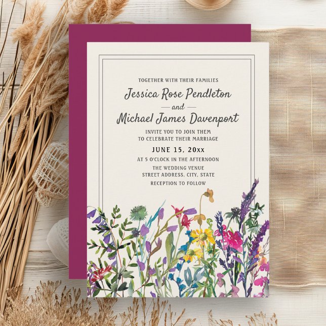 Invitation Fleurs sauvages aquarelle mariage crème violet (Watercolor wildflowers wedding invitation)