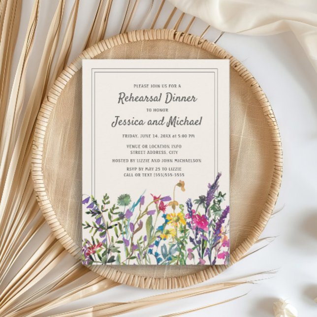 Invitation Fleurs sauvages aquarelle mariage rustique crème  (Wildflower wedding rehearsal dinner invitation)