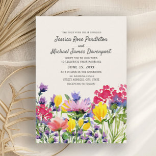 Invitation Fleurs sauvages aquarelle mariage violet jaune rou
