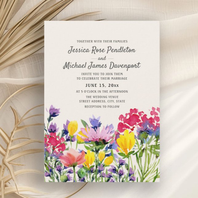 Invitation Fleurs sauvages aquarelle mariage violet jaune rou (Colorful wildflower wedding invitation)
