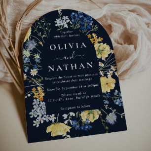 Invitation Fleurs sauvages aquarelle moderne mariage bleu mar