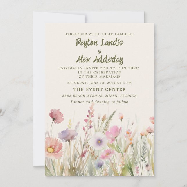 Invitation Fleurs sauvages aquarelle pastel mariage (Devant)