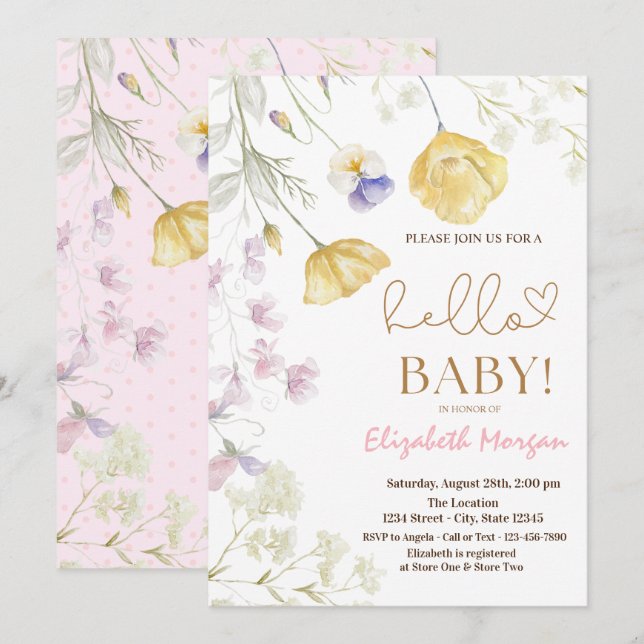 Invitation Fleurs sauvages aquarelle points roses Baby Shower (Devant / Derrière)