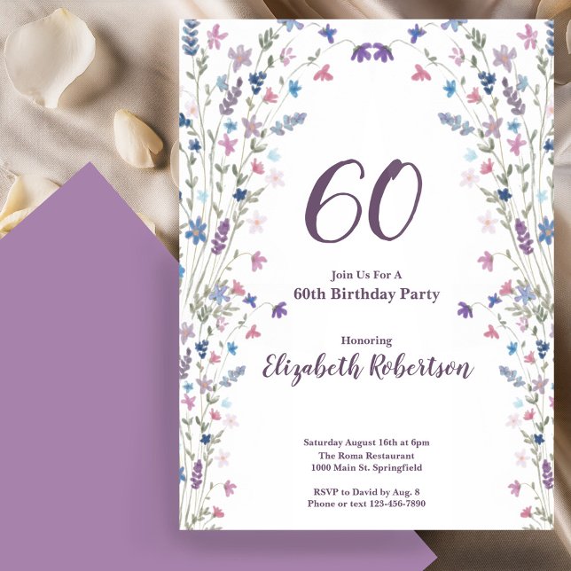 Invitation Fleurs sauvages aquarelle pour les 60 ans d'une fe (Créateur téléchargé)