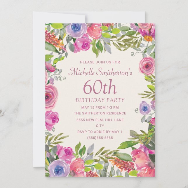 Invitation Fleurs sauvages aquarelle rose violet 60e annivers (Devant)