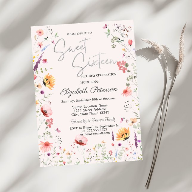 Invitation Fleurs sauvages aquarelle Sweet 16 (Créateur téléchargé)