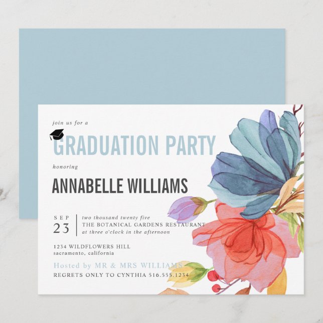 Invitation Fleurs sauvages aquarelles audacieuses Fête de fin (Devant / Derrière)