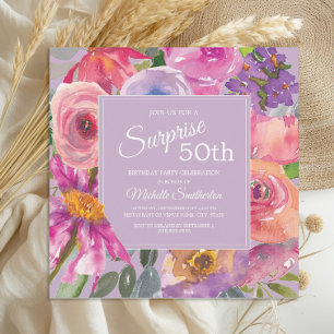Invitation Fleurs sauvages aquarelles rose violet 50e anniver