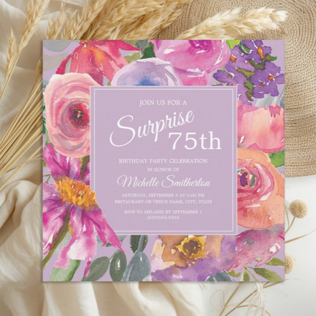 Invitation Fleurs sauvages aquarelles rose violet 75e anniver (Elegant purple and pink watercolor wildflowers surprise 75th birthday party invitation)