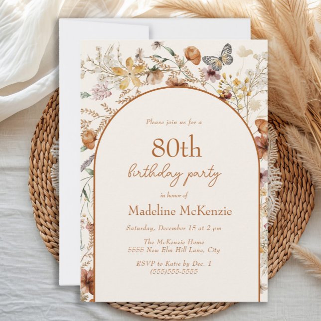 Invitation Fleurs sauvages Arch Boho 80e anniversaire (Boho floral and butterfly 80th birthday party invitation)