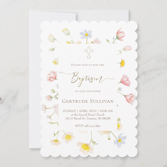 Invitation fleurs sauvages bébé fille Baptême (Devant)