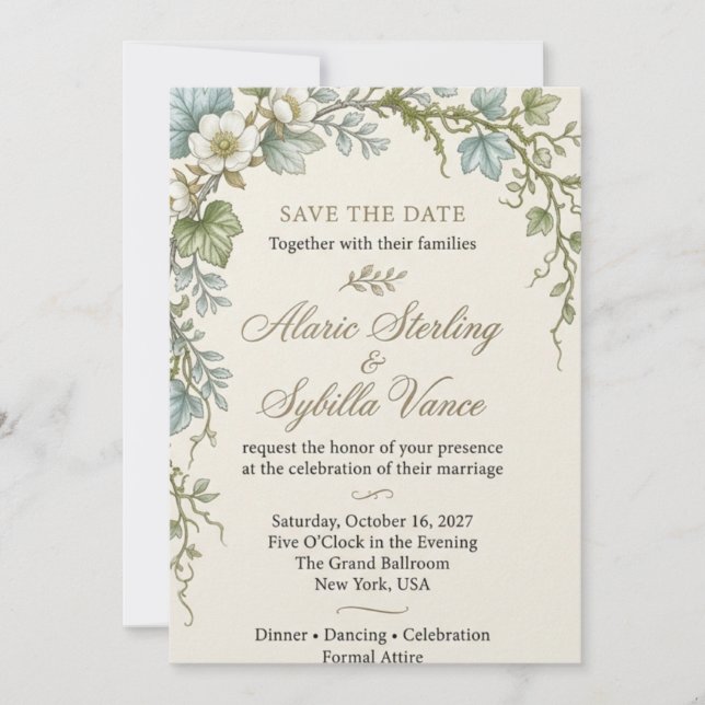 Invitation Fleurs sauvages blanches, feuillage retombant, Bo  (Devant)