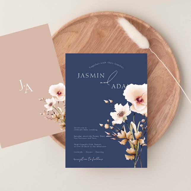 Invitation Fleurs sauvages bleu bleu marine simple Mariage fl (Simple Navy Blue Pink Wildflowers Floral Wedding Invitation)