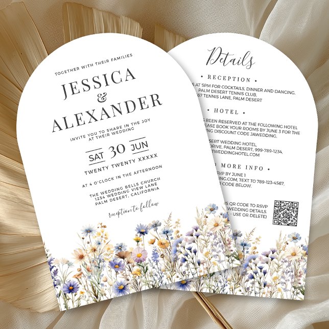 Invitation Fleurs sauvages bleu Dusty tous en un Mariage de c (Dusty Blue Wildflowers All In One QR Wedding Invitation with Reception, Hotel, RSVP on Back.)
