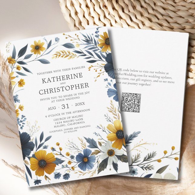 Invitation Fleurs sauvages bleu jaune Elégant Mariage d'aquar (Blue Yellow Watercolor Wildflowers Elegant Wedding Invitation with QR Code for Wedding Website.)