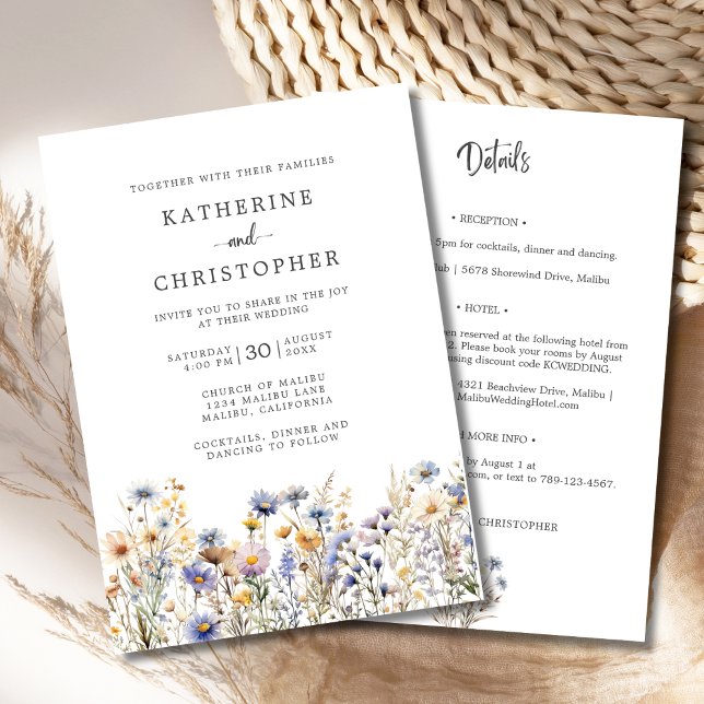 Invitation Fleurs sauvages bleu poussiéreux de budget Mariage (BOHO Dusty Blue Wildflowers All In One Wedding Invitation with RSVP, Hotel, Reception Info on Back.)