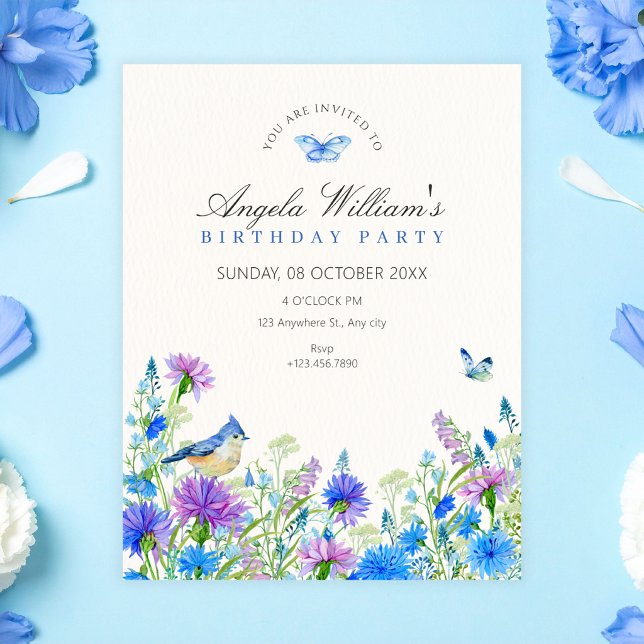 Invitation Fleurs sauvages bleues anniversaire (Créateur téléchargé)