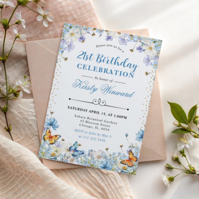 Invitation Fleurs Sauvages Bleues et Blanches & Papillons Ann (Créateur téléchargé)