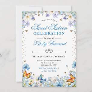 Invitation Fleurs sauvages bleues et blanches & Papillons Dou