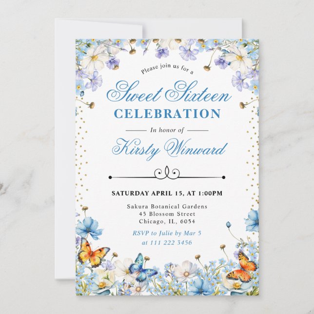 Invitation Fleurs sauvages bleues et blanches & Papillons Dou (Devant)