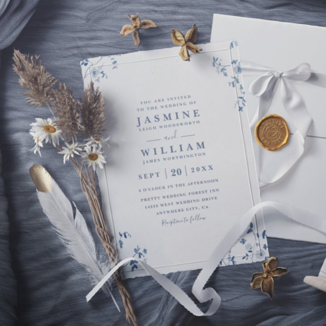 Invitation Fleurs sauvages bleues Mariage élégant moderne chi (Créateur téléchargé)