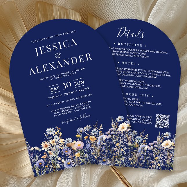Invitation Fleurs sauvages bleus Dusty tous en un Mariage de  (Dusty Blue Wildflower All In One QR Code Navy Wedding Invitation with Reception, Hotel, RSVP on Back)