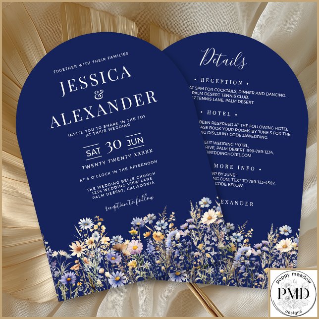 Invitation Fleurs sauvages bleus Dusty tous en un Mariage de  (Dusty Blue Wildflowers Elegan All In One Navy Wedding Invitation with Reception, Hotel, RSVP on Back)