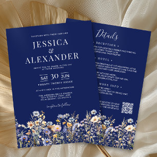 Invitation Fleurs sauvages bleus Dusty tous en un Mariage de