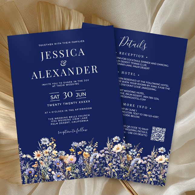 Invitation Fleurs sauvages bleus Dusty tous en un Mariage de  (Dusty Blue Wildflower All In One QR Code Navy Wedding Invitation with Reception, Hotel, RSVP on Back)