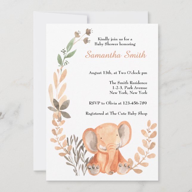 Invitation Fleurs sauvages Boho Baby Elephant Baby shower (Devant)