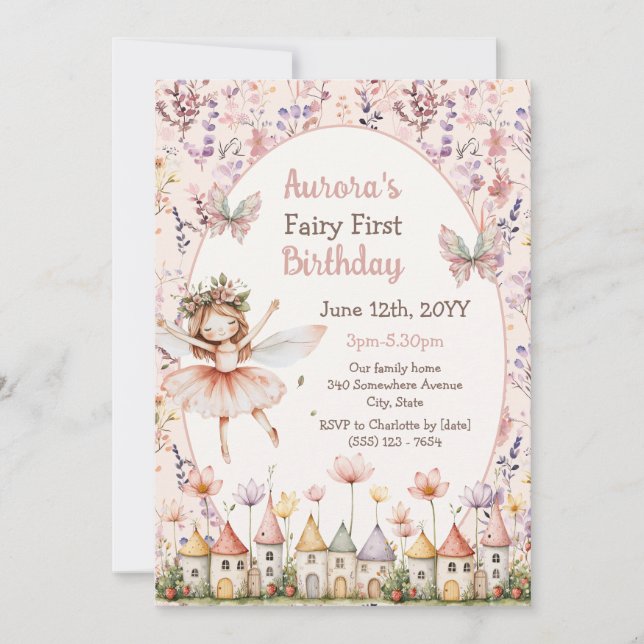 Invitation Fleurs sauvages boho bébé fille Fée Premier annive (Devant)