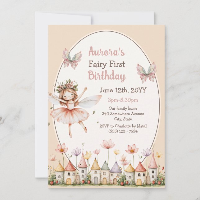 Invitation Fleurs sauvages boho bébé fille Fée Premier annive (Devant)