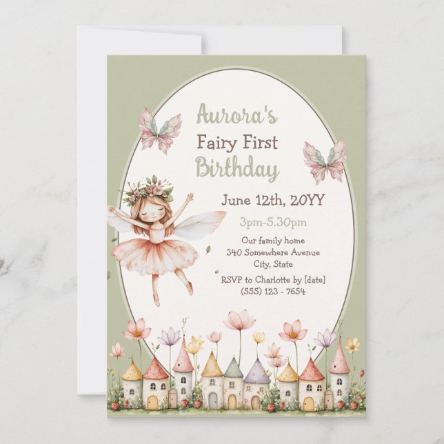 Invitation Fleurs sauvages boho bébé fille Fée Premier annive (Devant)