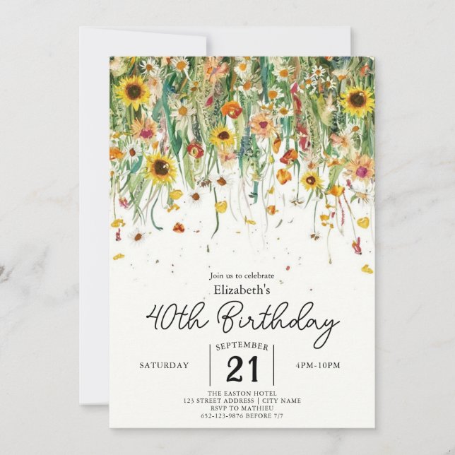 Invitation Fleurs sauvages Boho de printemps 40e anniversaire (Devant)
