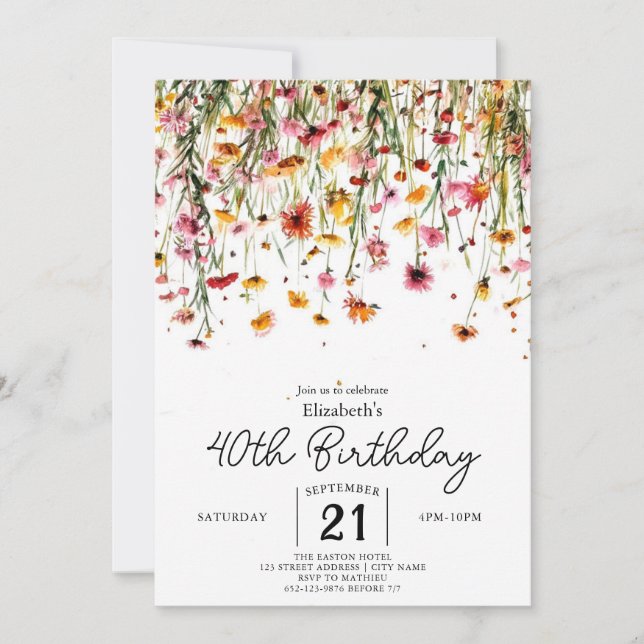 Invitation Fleurs sauvages botaniques chics 40e anniversaire (Devant)
