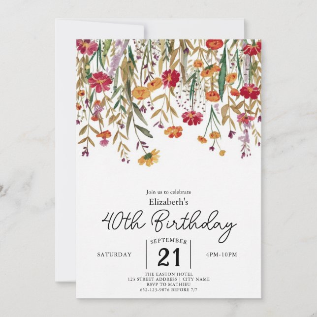 Invitation Fleurs sauvages botaniques modifiables 40e anniver (Devant)