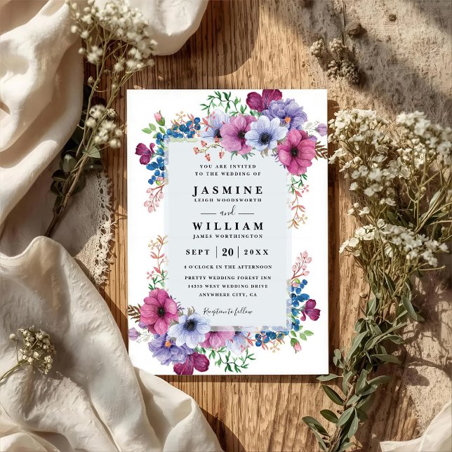 Invitation Fleurs sauvages Bouquet Violet Mariage Code QR Élé (Créateur téléchargé)