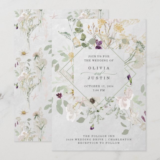 Invitation Fleurs sauvages bruyants | Mariage géométrique gri (Devant / Derrière)