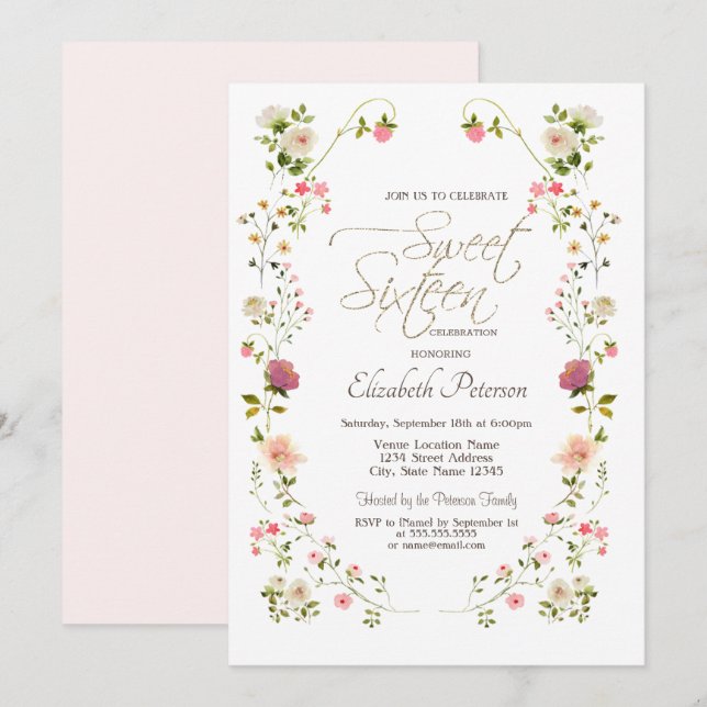 Invitation Fleurs sauvages chic 16 ans (Devant / Derrière)