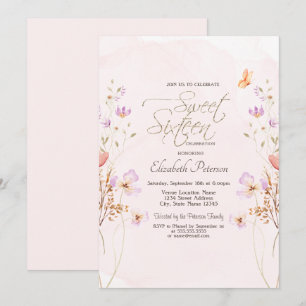 Invitation Fleurs sauvages chic rose aquarelle Sweet 16