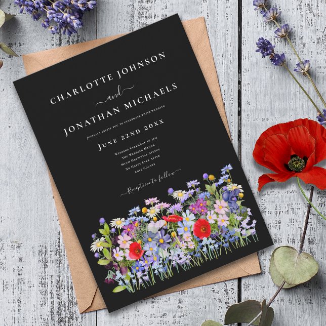 Invitation Fleurs sauvages colorés modernes en noir (Modern colorful wildflowers black and white wedding invitation )