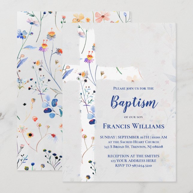Invitation fleurs sauvages croix sur gris aquarelle  Baptême  (Devant / Derrière)