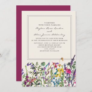 Invitation Fleurs sauvages d'aquarelle Crème violet Mariage