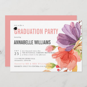 Invitation Fleurs sauvages d'aquarelle gras Pink Graduation P