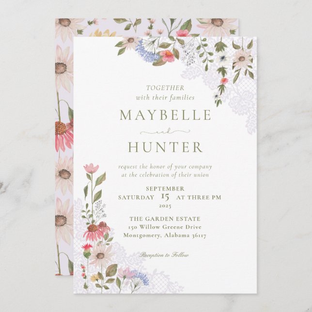 Invitation Fleurs sauvages d'aquarelle, Mariage de feuillage  (Devant / Derrière)