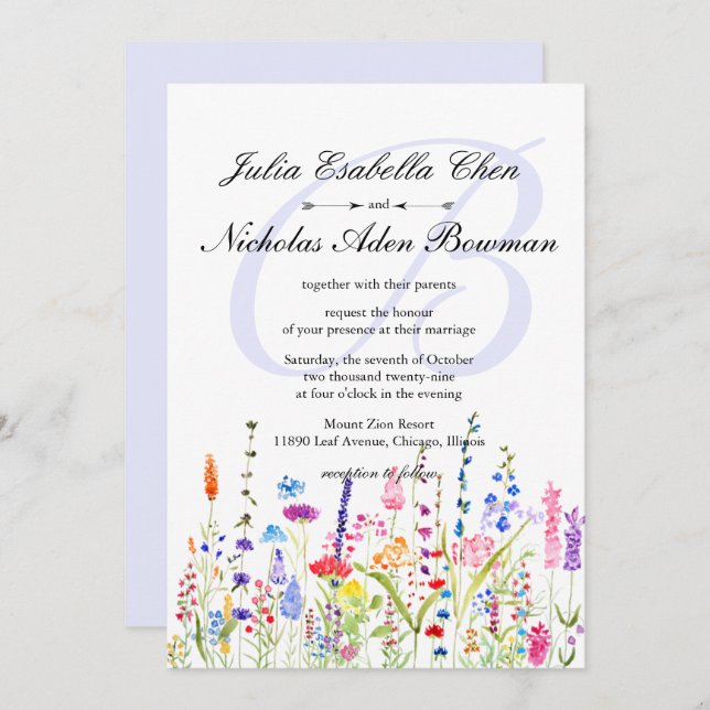 Invitation Fleurs sauvages d'aquarelle Monogramme Mariage de  (Devant / Derrière)