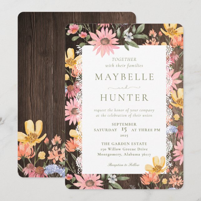 Invitation Fleurs sauvages d'aquarelle Vintage dentelle et Ma (Devant / Derrière)