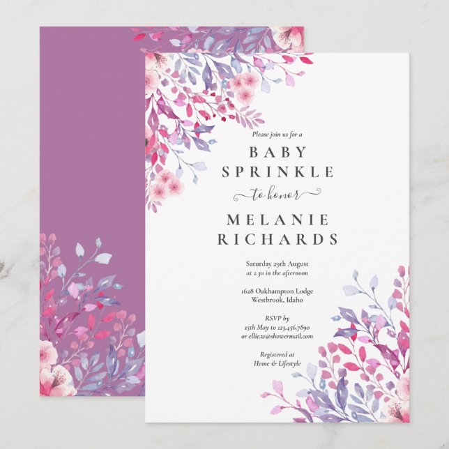 Invitation Fleurs sauvages de lavande Fleur bébé Sprinkle / D (Devant / Derrière)