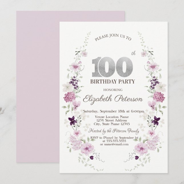 Invitation Fleurs sauvages de lilas à l'aquarelle 100e annive (Devant / Derrière)