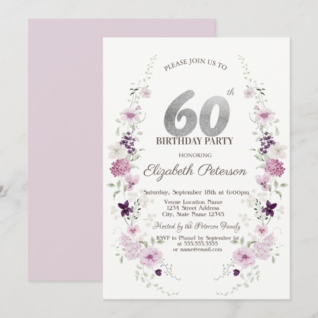 Invitation Fleurs sauvages de lilas à l'aquarelle 60e anniver (Devant / Derrière)